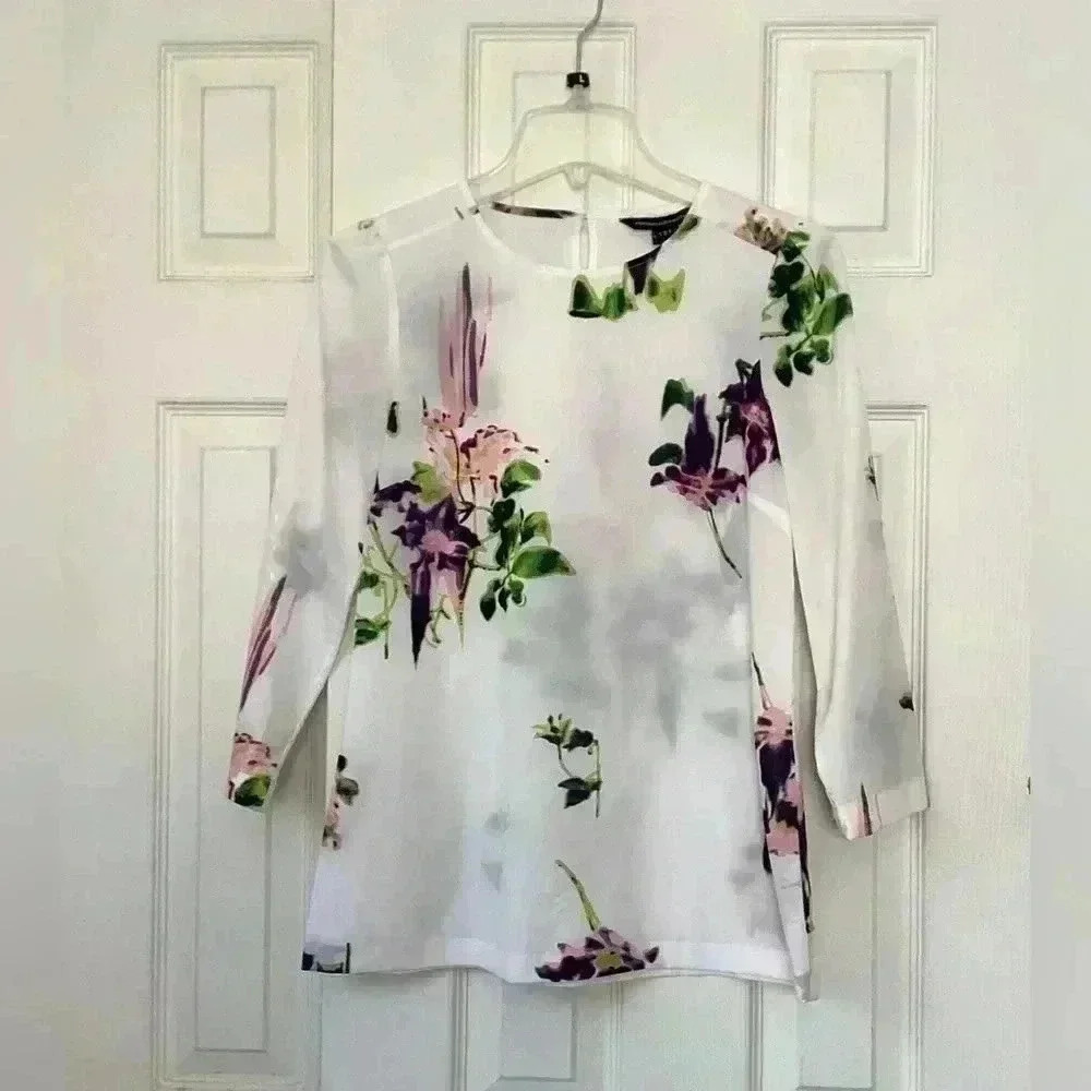 French Connection White Pink Purple Green Floral Watercolor Quarter Sleeve Top 0